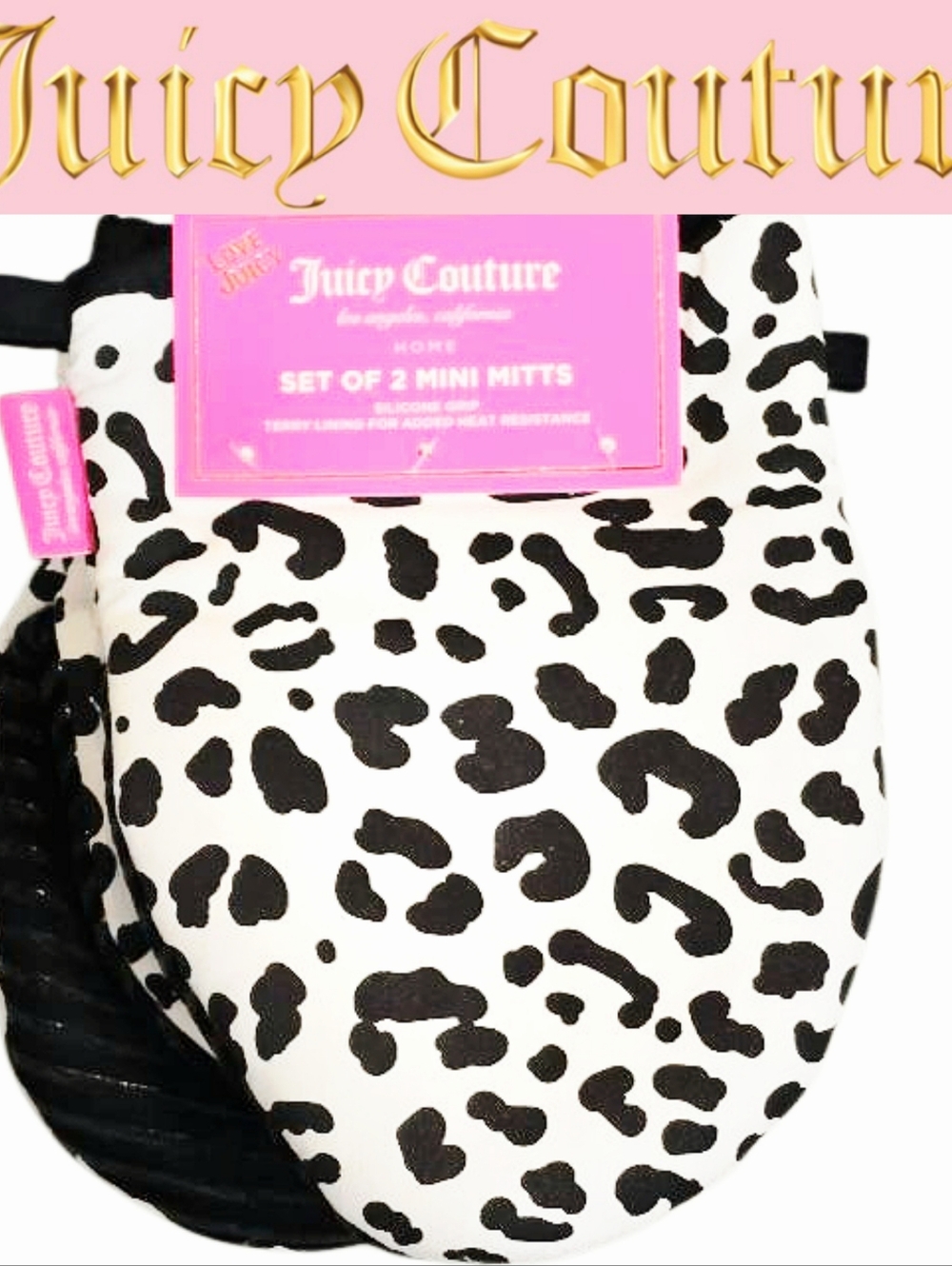 Juicy Couture Home Black & White Leopard Print Mini Mitts w/Sicone Grip